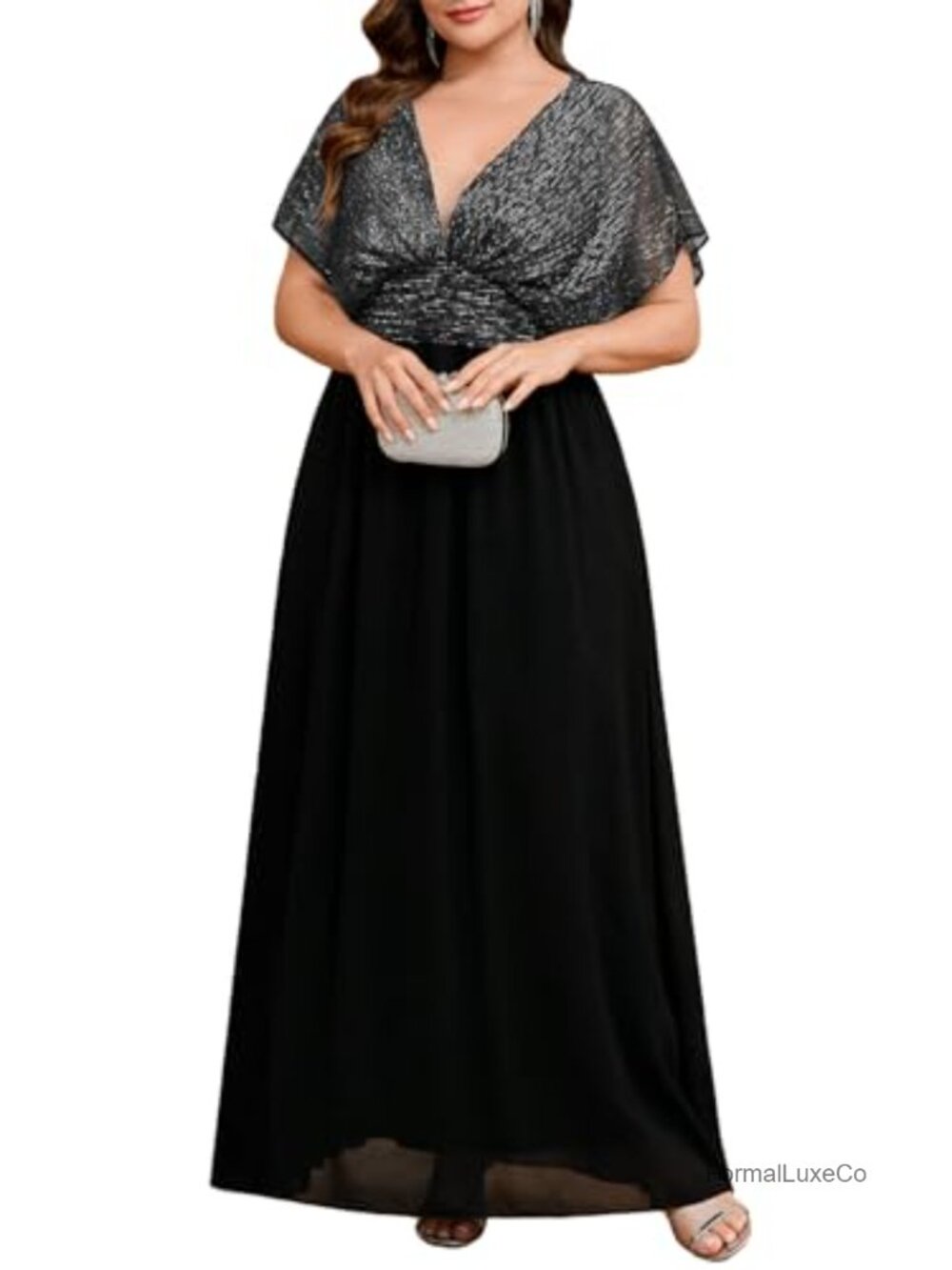 Plus Size Sparkly Maxi Formal Dress V-Neck A-Line Evening Gown
